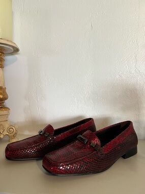 Stuart Weitzman Red Snake-Embossed Leather Loafers